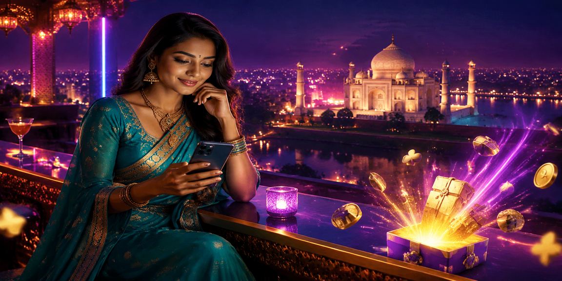 User happily registering on mobile device with festive Indian backdrop