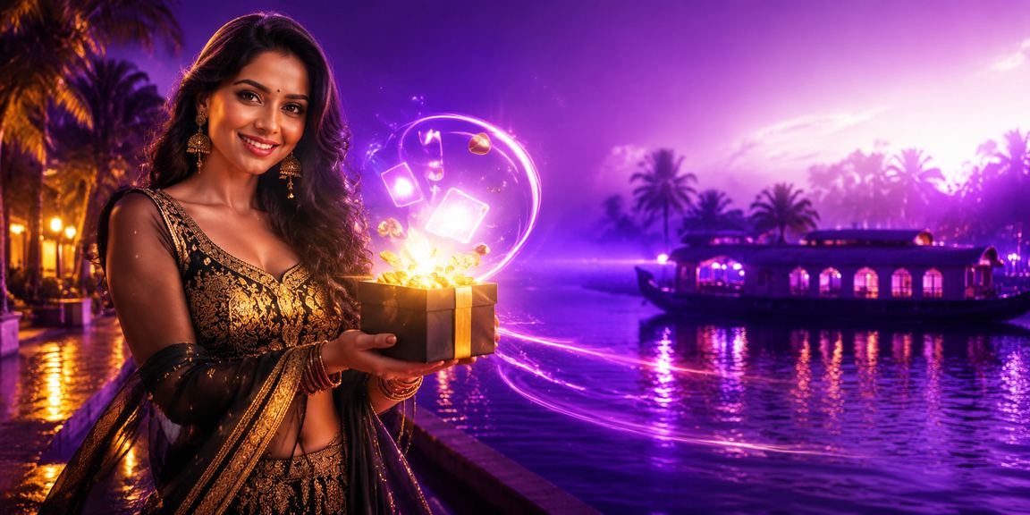Neon glowing mobile payment display by Kerala backwaters at night